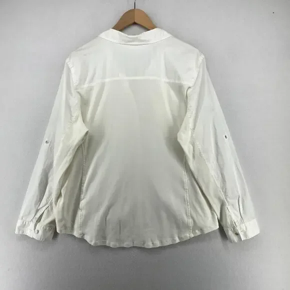 EILEEN FISHER Shirt XL Organic Cotton Woven Roll Tab Sleeve Button Front White - Picture 2 of 14